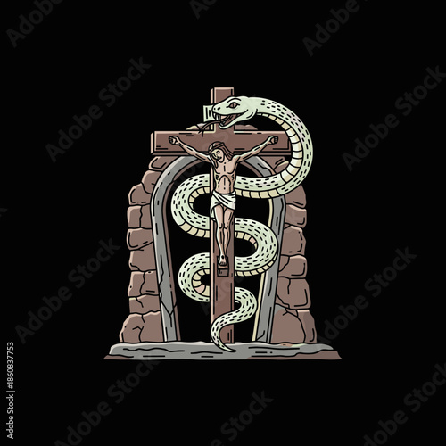 Jesus Christ on the cross with a serpent wrapped around.