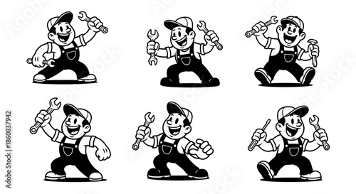 Retro Mechanic Character Holding Wrenches in Various Poses.
