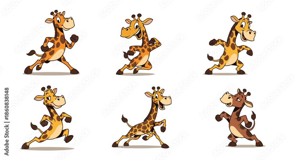 Obraz premium Set of Six Adorable Cartoon Giraffes in Various Dynamic Poses.