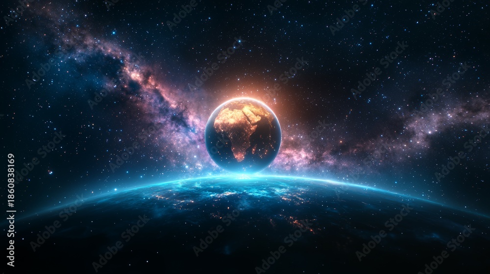 Obraz premium Planet Earth and Vibrant Galaxy View from Outer Space