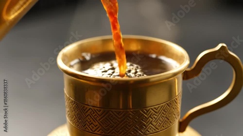 A golden cup with intricate patterns is being filled with hot, dark liquid. Steam rises