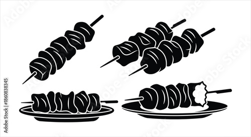 Four images of skewers of grilled meat on a white background