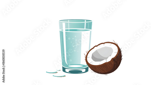 Coconut Water in Glass with Half Coconut on White