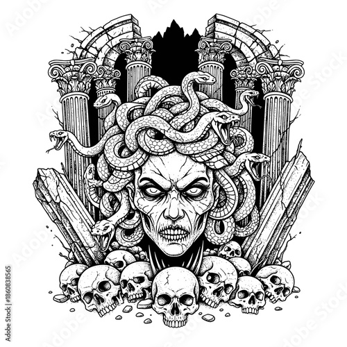Medusa Gorgon Head with Snakes and Skulls.
