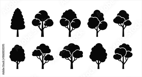 Diverse Black Silhouette Tree Icons Collection for Nature and Environment Concepts