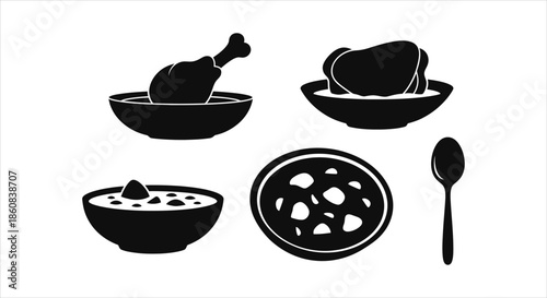 Monochrome vector collection of prepared food dishes including chicken, stew, and a serving utensil