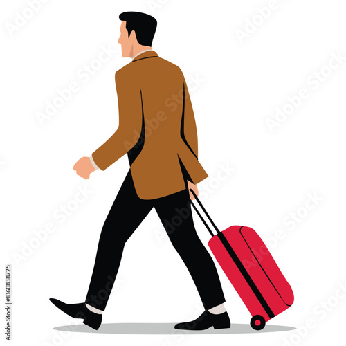 Railway composition vector illustration showing male walking passenger with suitcase isolated design ideal for travel commuter journey and transportation themed artwork
