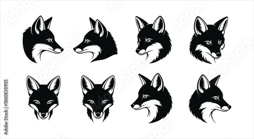 Collection of eight elegant fox head vector illustrations showcasing diverse poses and artistic styles