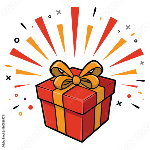 Red gift box surprise icon for birthday celebration loyalty reward give away special package wonder gift with exclamation mark flat vector artwork perfect for festive themes