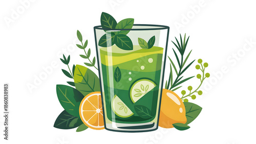 Refreshing Green Cocktail with Lime and Herbs on White Background