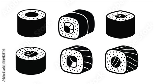 A collection of stylized black and white sushi roll icons, perfect for Japanese cuisine designs