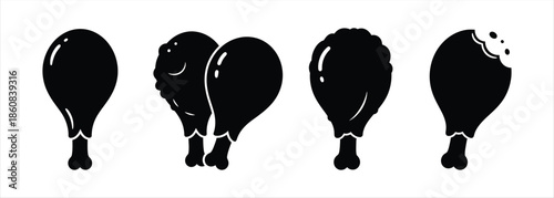 Set of Black Silhouettes of Chicken Drumsticks with a Bite Mark