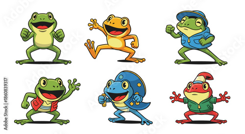 Set of Six Cute Cartoon Frogs in Different Outfits and Poses.