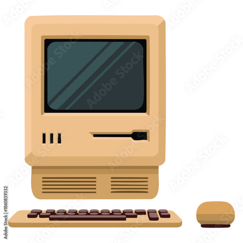 Retro personal computer old PC with mouse vector illustration isolated design element ideal for educational technology nostalgia or vintage computer projects