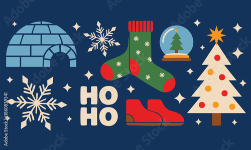 Retro groovy style winter holiday cartoon elements set with christmas tree ice igloo snow branch and warm household items xmas items cold season vector illustration
