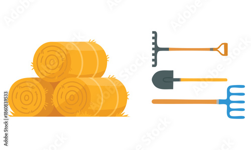 Rolled and pressed dry hay vector set illustration depicting crop harvesting and garden tools perfect for agriculture farming and rural design themes
