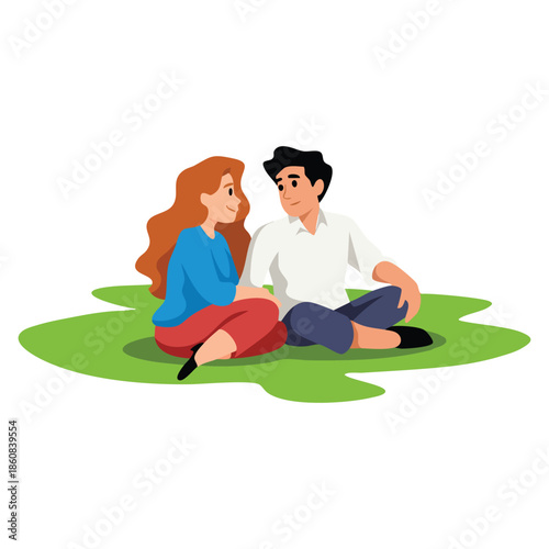 Romantic couple enjoying picnic on nature vector illustration young man and woman sitting on grass back view perfect for love outdoor leisure or couple themed artwork