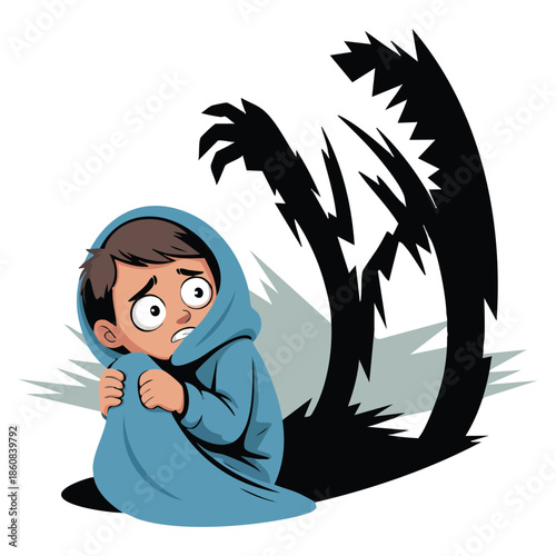 Scary monster frightening little boy covered with blanket childhood fear vector illustration perfect for educational kids storybook or fear awareness design