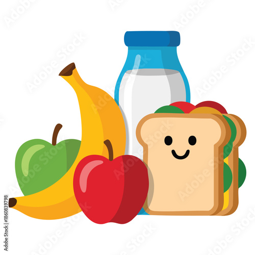 School lunch set with sandwich milk and fruits vector illustration in colorful cartoon style ideal for education kid themed backgrounds and creative designs