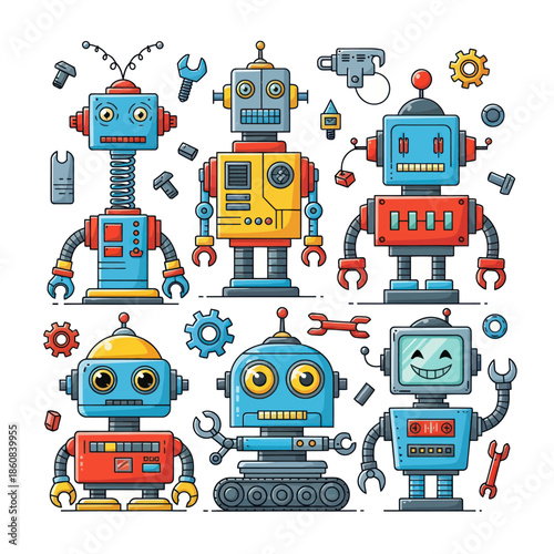 Collection of Whimsical Cartoon Robots with Tools and Gears.