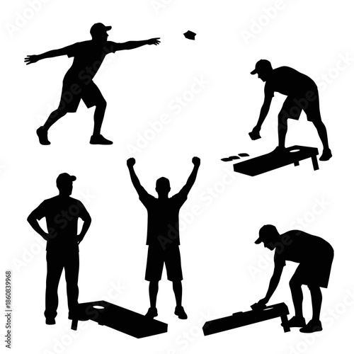 Cornhole Game Silhouettes Players in Action and Celebration.