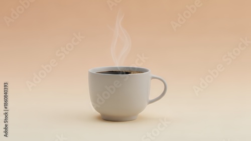 A steaming cup of coffee on a minimalist beige background viewed from a slightly elevated angle
