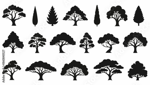 Collection of Diverse Tree Silhouettes Isolated on White Background.