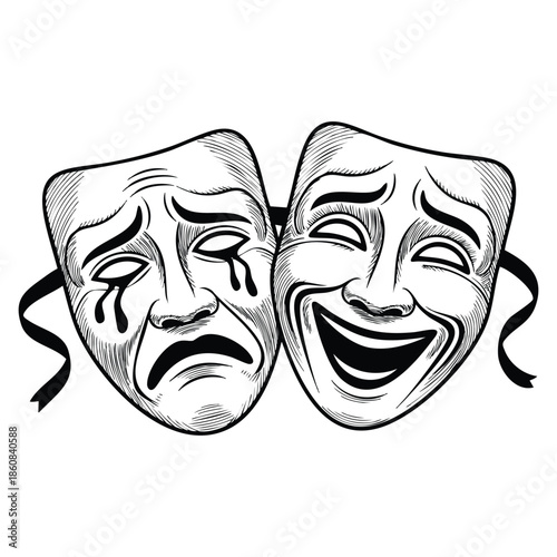 Sketch theater drama masks vector illustration two traditional greek costume human masks isolated perfect for print web or advertising design concept