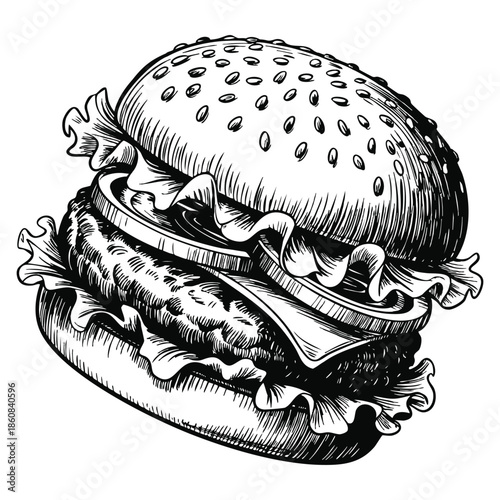 Sketch vector illustration of hand drawn cheeseburger or hamburger perfect for fast food menu packaging poster and culinary design concept artwork