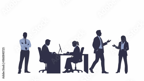 Business professionals collaborating in an office environment silhouette.