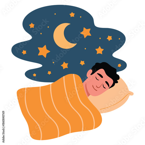 Sleeping man vector illustration in bed at night perfect for sleep, bedtime, relaxation, health awareness, and creative lifestyle designs