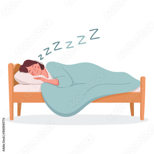 Sleeping young woman in bed vector illustration ideal for people resting lifestyle relaxation wellness and bedroom themed creative projects
