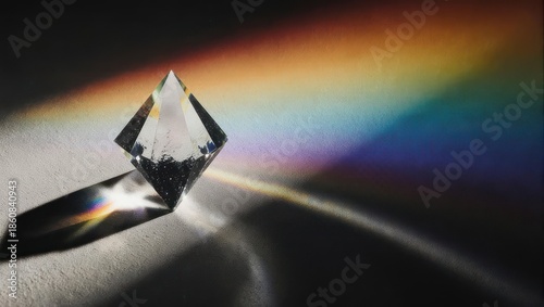 Prism dispersing light into a rainbow spectrum, science demonstration.