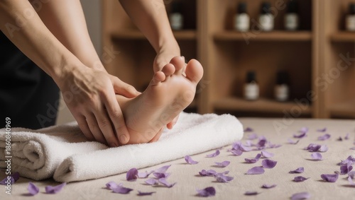 Professional therapist performing a relaxing foot massage in a luxury spa.