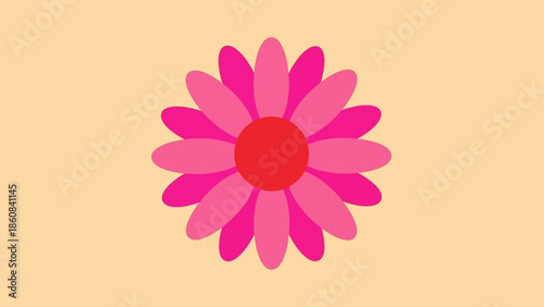 Pink Flower with Red Center on Beige Background, Simple Design.