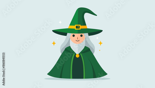 Cartoon Wizard Character with Green Hat and Cape Illustration.