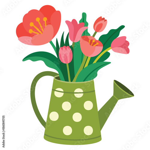 Spring vector composition of flower bunch in watering can perfect for blooming floral seasonal design garden decoration and creative illustration projects