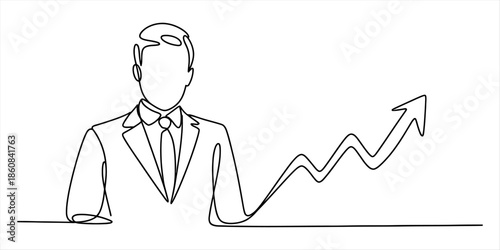 Continuous line drawing of a businessman with an upward trending graph representing success Vector, illustration