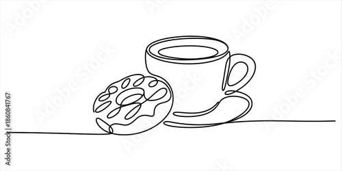 A single continuous line art drawing of a delicious donut next to a coffee cup Vector, illustration