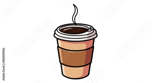 Illustration of a Steaming Coffee Cup with Lid and Sleeve.