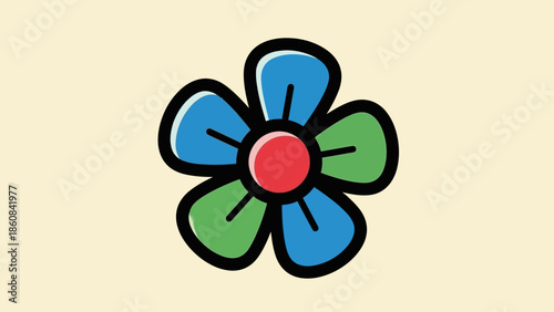 Stylized Flower with Blue and Green Petals and Red Center.