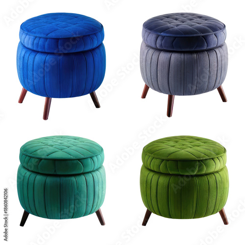 Four round, tufted storage ottomans, various colors