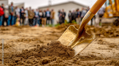 Golden shovel with wooden handle and metallic blade digging into soft earth during groundbreaking ceremony with a crowd of people in the background
