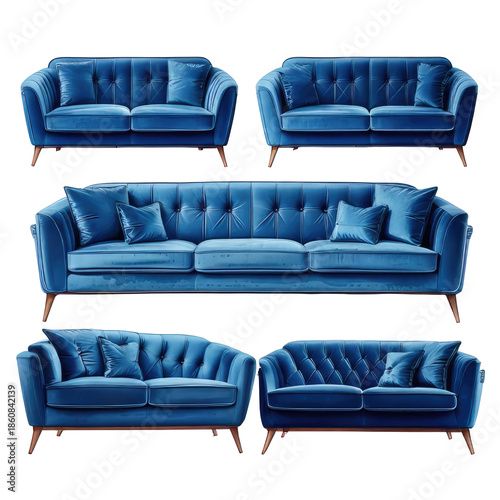 Several tufted velvet sofas in various angles