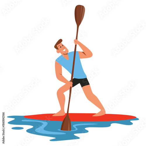 Surfboard water sport vector illustration of man with oar suitable for outdoor adventure surfing activity recreational and summer vacation themed creative designs