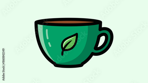 Illustration of a green teacup with a leaf design.