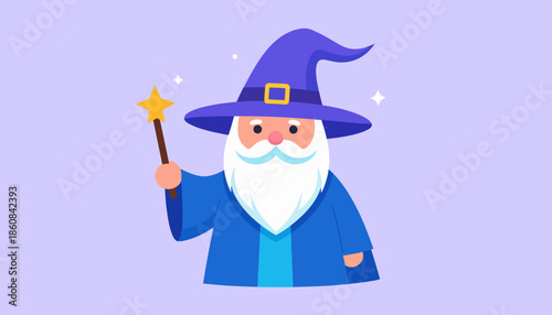 Cartoon Wizard with Star Wand on Light Purple Background.