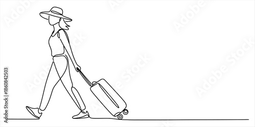 Continuous line drawing of a stylish woman traveler walking and pulling a suitcase Vector, illustration