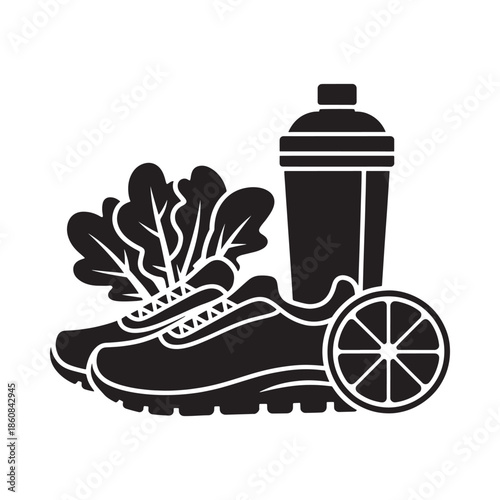 Healthy lifestyle illustration featuring running shoes leafy greens and a shaker
