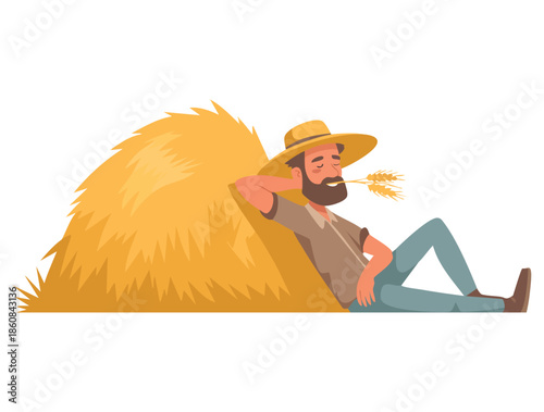 Tired farmer resting sitting by haystack vector illustration isolated on white background perfect for rural agriculture farm work and countryside lifestyle designs
